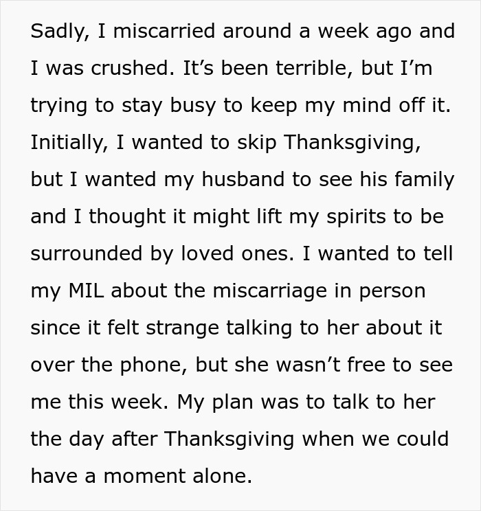 Text about a miscarriage experience and planning to discuss it with MIL around Thanksgiving.