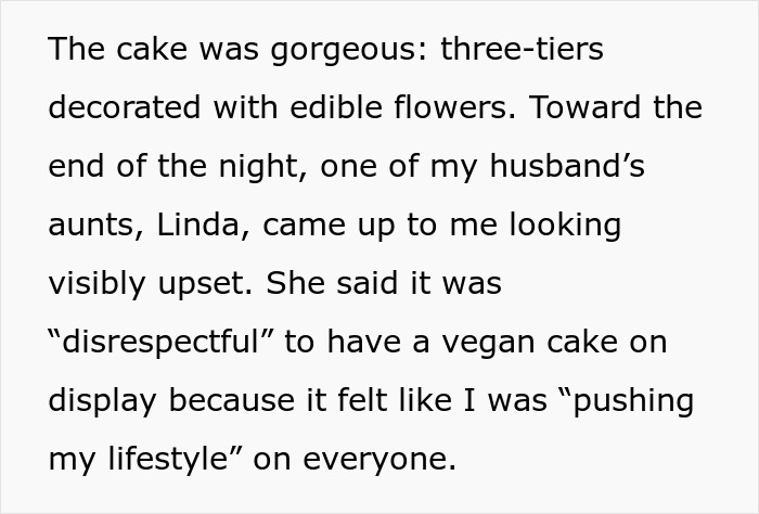 Text recounts a wedding guest upset over a three-tier vegan cake with edible flowers.