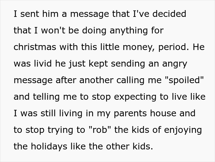 Text screenshot about man's anger over wife's refusal to plan Christmas on a $100 budget.