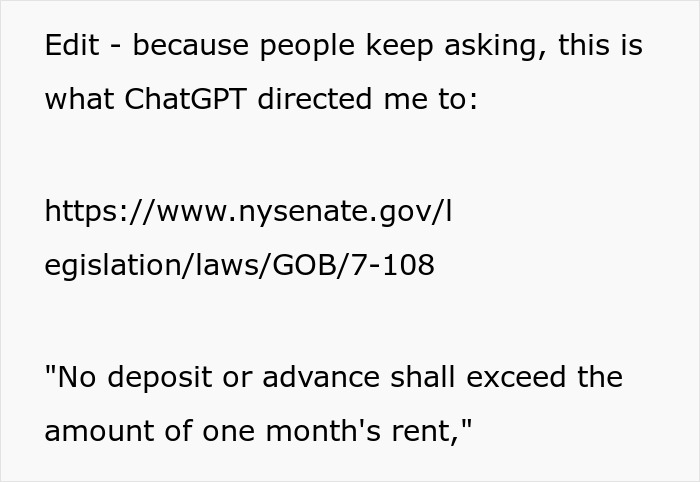 Text from ChatGPT directs to legislation about rental deposit limits.