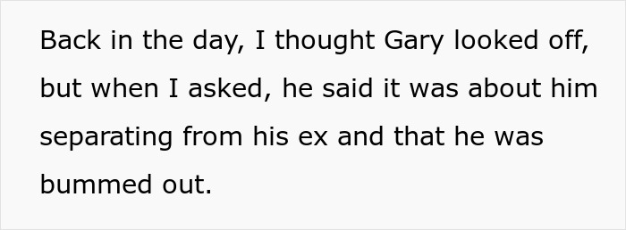 Text message discussing Gary's separation. Keywords: cheating, wife, second chance, paternity test.