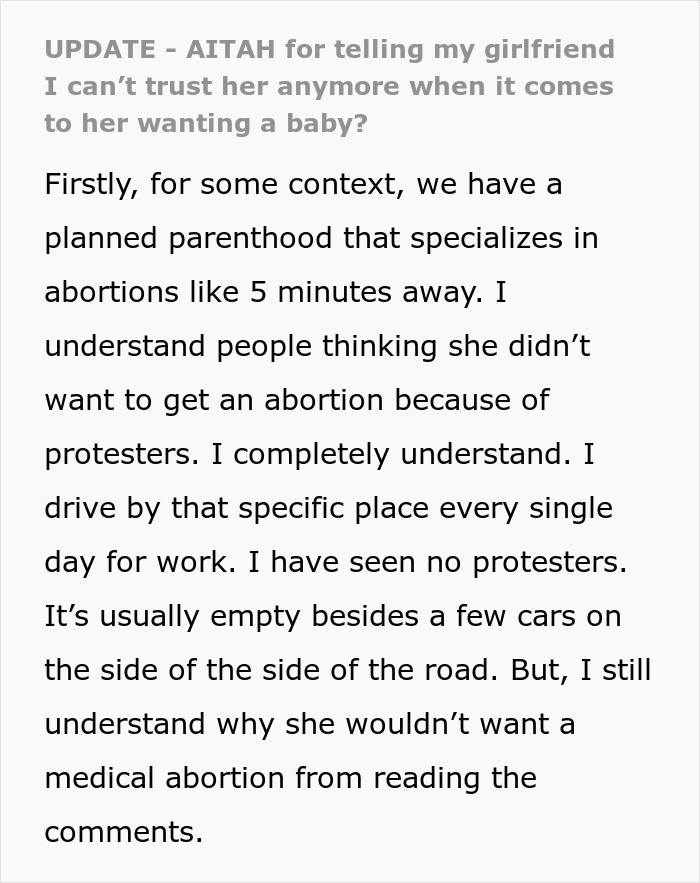 Text discussing a girlfriend's decision about pregnancy and abortion, highlighting the drama involved.