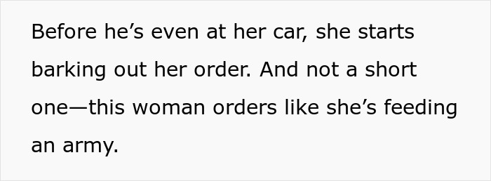 Excerpt text from a story about karma and a Karen ordering food aggressively.