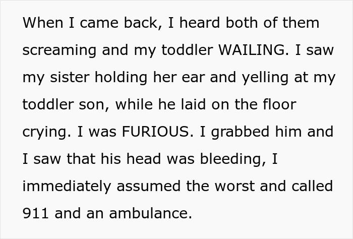 Text describing a toddler's concussion incident with sibling, leading to emergency call.