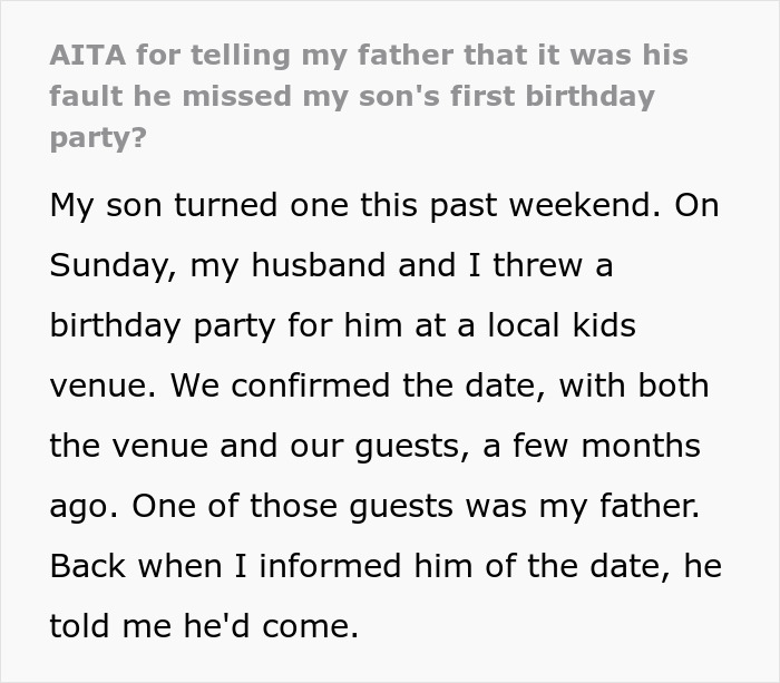 Text about a father missing his grandson's birthday party.