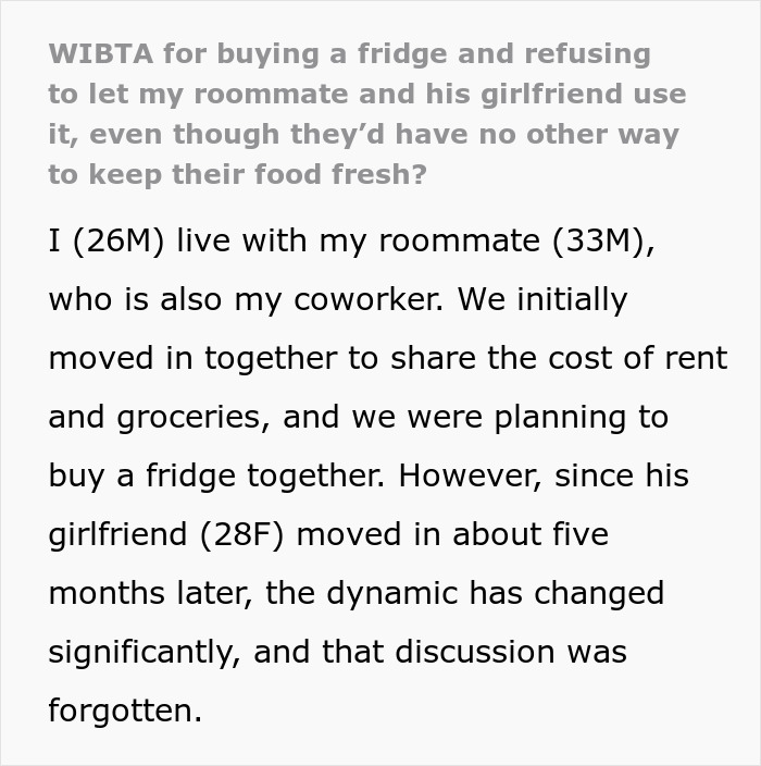 Text describing a guy's awkward living situation after roommate's girlfriend moved in, causing tension over shared expenses.