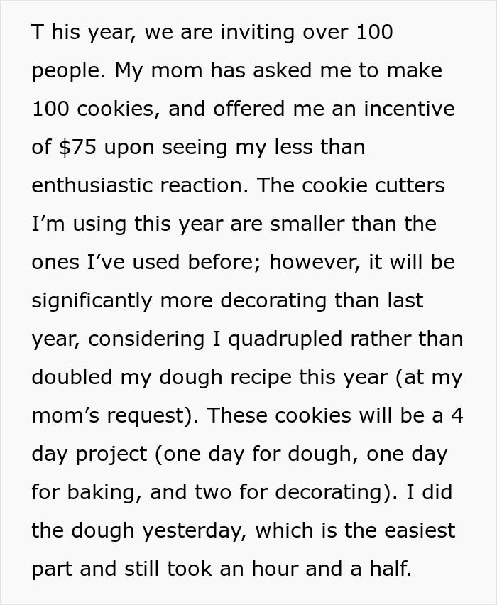 Text describing a daughter preparing Christmas cookies, including a parent's incentive.