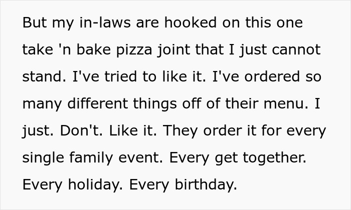 Text describing frustration over disliked favorite pizza place of in-laws.