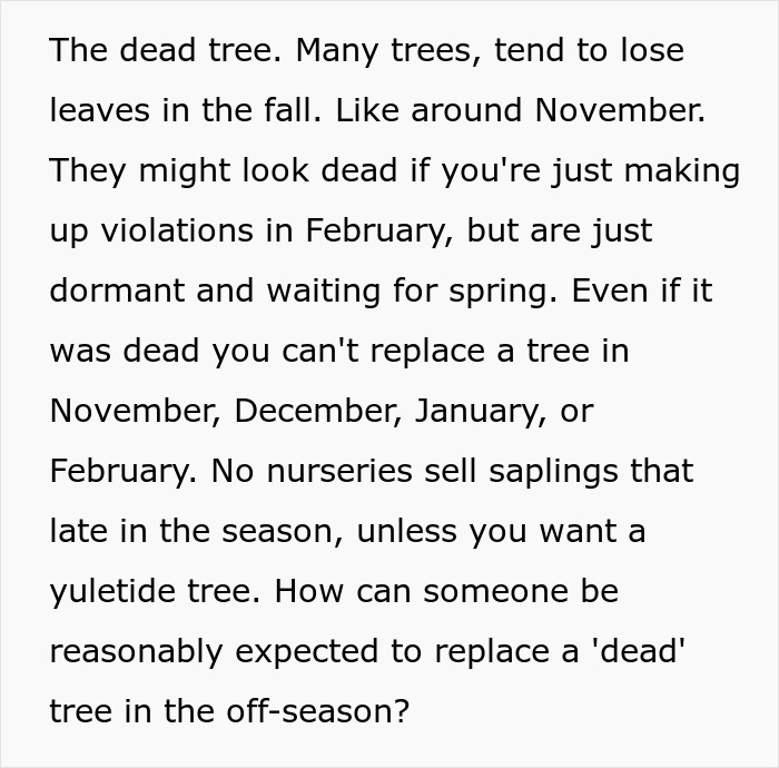 Text discussing trees looking dead in winter, addressing false HOA violations regarding tree replacement in off-season.