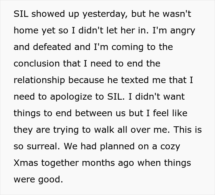 Text message from girlfriend feeling defeated about man's toxic sister testing boundaries.