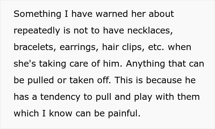 Text advice on safe accessories when caring for toddlers, focusing on avoiding necklaces and earrings due to toddler's tendency to pull.