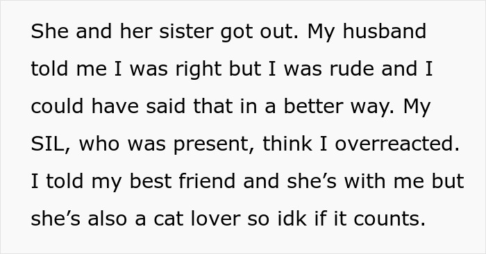 Text recounts disagreement over focus on baby vs. cat, involving aunt-in-law and new mom.