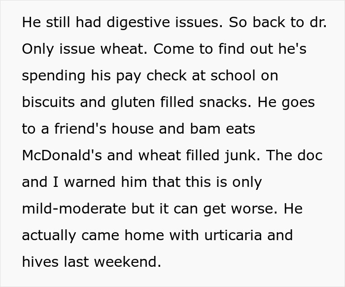 Text about a son's wheat allergy and consuming gluten-filled snacks despite his mom's efforts to cater to his dietary needs.