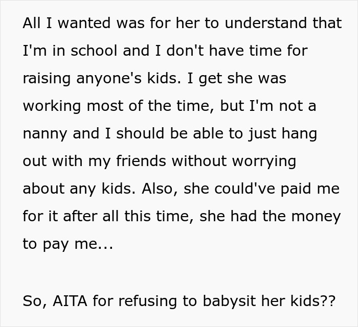 Text about a sister exploiting a teen brother as a free babysitter, with him expressing frustration about the situation.