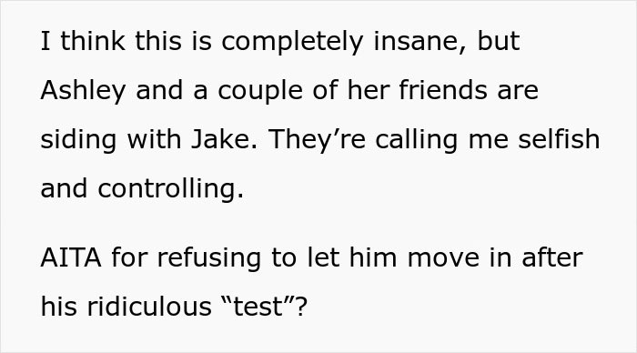 Text screenshot of a woman questioning if she's wrong for refusing to let a roommate's boyfriend move in after his "test.