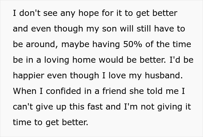 Text discussing mom's concerns over stepdaughter's hostile behavior and thoughts on ending marriage.