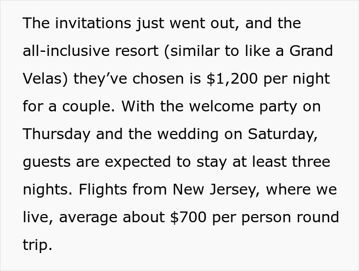 Text discussing costs of attending a destination wedding, highlighting resort and flight expenses.