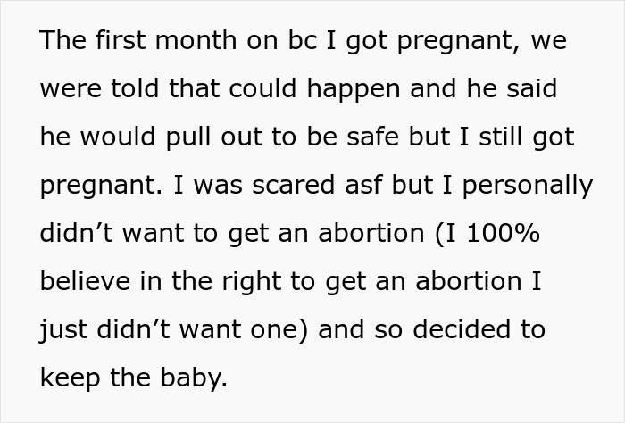 Text about unexpected pregnancy and a decision to keep the baby.