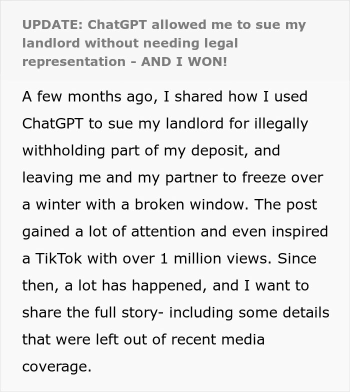 Tenant uses ChatGPT against landlord, wins court case, shares viral story.