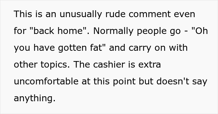 Text about fat-shaming comment making a cashier uncomfortable.