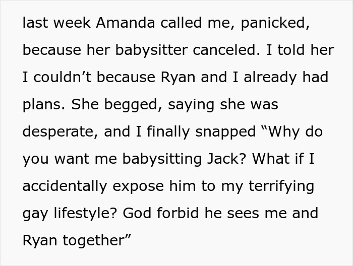 Text snippet discussing refusal to babysit after a sister demanded her sibling exclude a boyfriend from family events.