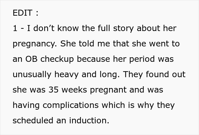 Text about a woman being 35 weeks pregnant with complications noted during a checkup, leading to an induction.