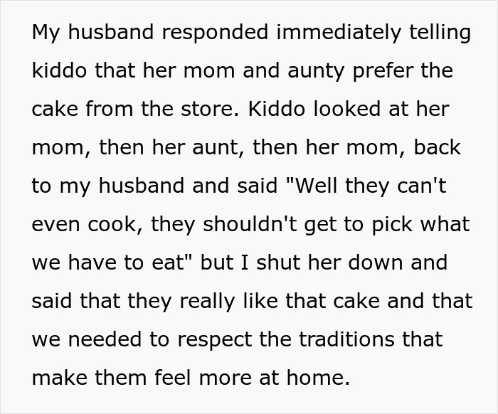 Text excerpt discussing a family disagreement about cake preferences and respecting traditions, related to kids revenge.