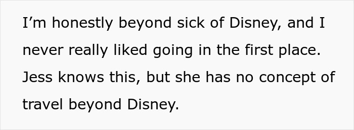 Text about a man tired of Disney and suggesting Hawaii instead, facing wife's frustration.