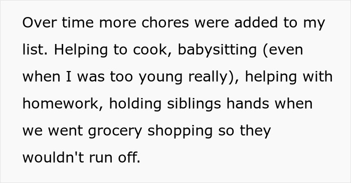 Text describing household chores and babysitting tasks for eldest of 10 kids.