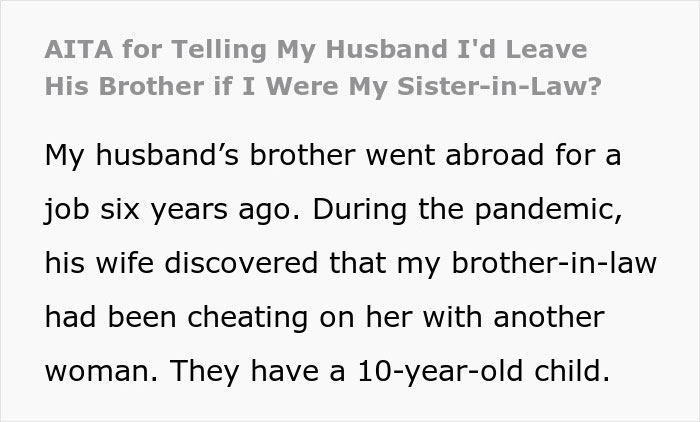 Text discussing a husband’s brother cheating during the pandemic, leaving his wife and child affected.