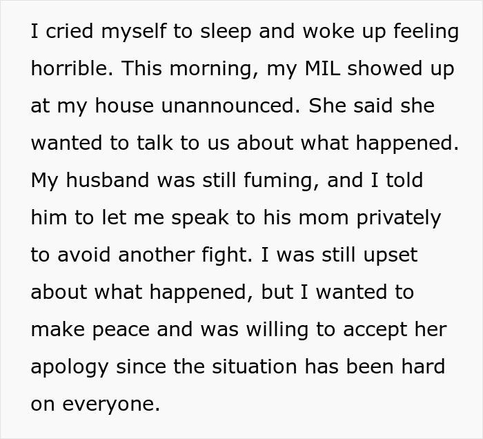 Text about a conflict and apology between a woman and her MIL, involving a difficult situation.