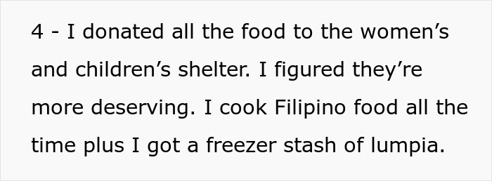 Text about a woman donating food to a shelter after being uninvited from a baby shower.