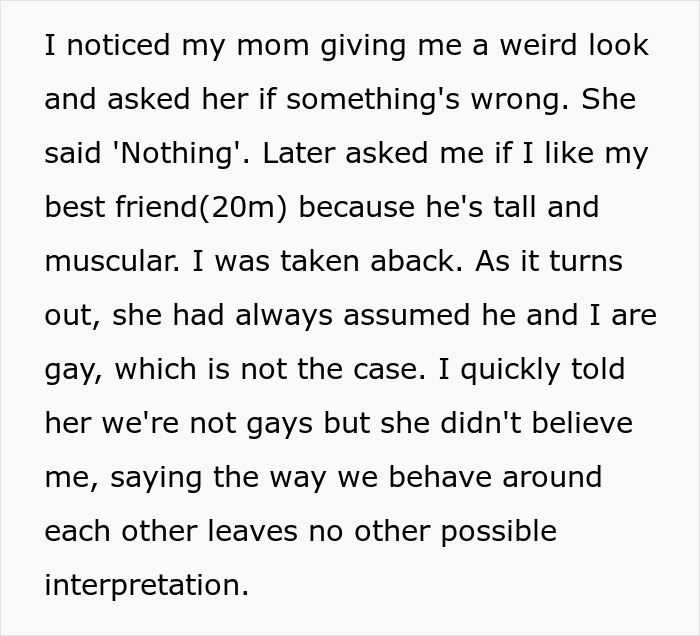 Text exchange about a 20-year-old son addressing his mom's assumption about his sexuality, leading to family drama.