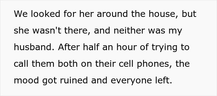 Text describing a search for woman’s stepdaughter and husband who left a party, leading to a ruined mood and guests departing.