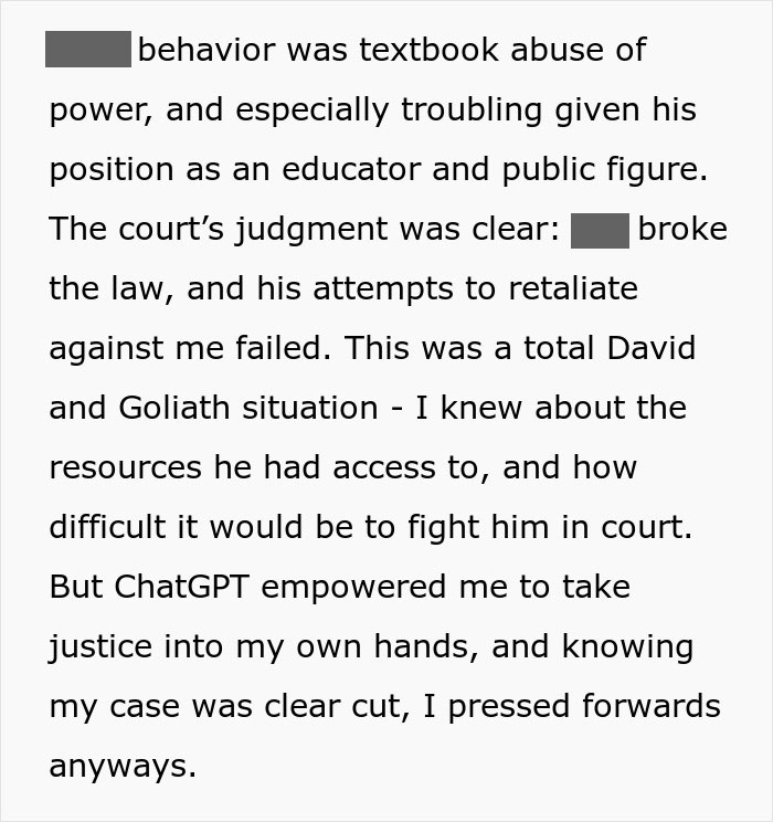 Court judgment text excerpt about landlord's abuse of power, tenant's justice aided by ChatGPT.