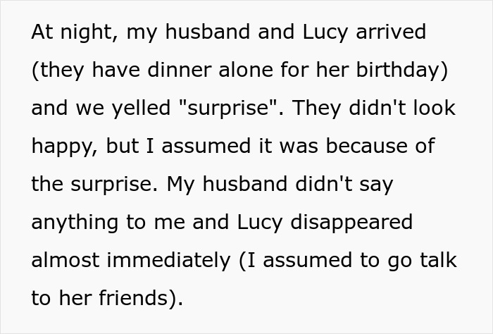 Text recounting an upset woman's surprise party where stepdaughter leaves immediately.