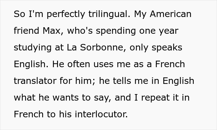 Text about a trilingual person helping an American friend with French translation.