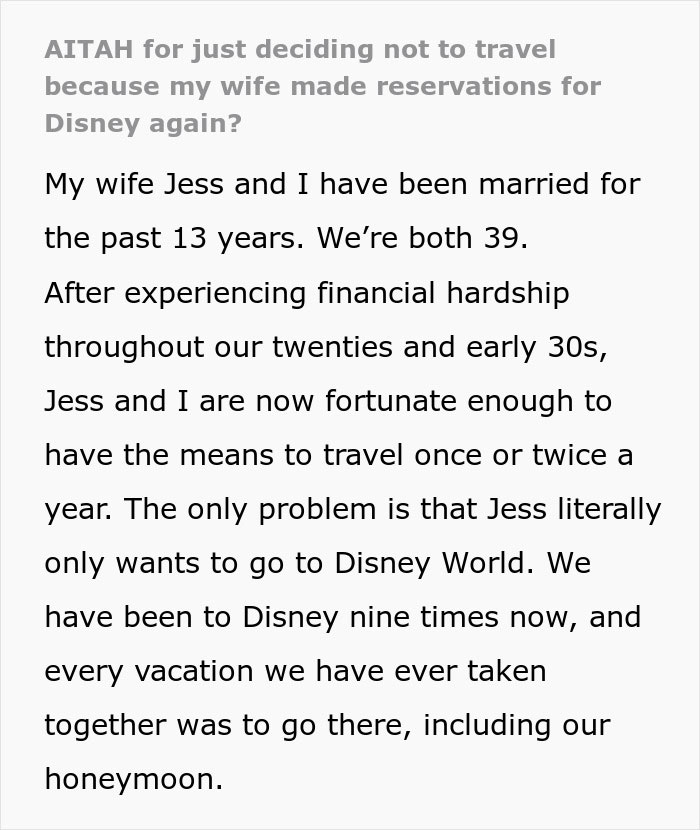 Text discussing a man's suggestion to visit Hawaii after nine Disney trips, causing a conflict with his wife.