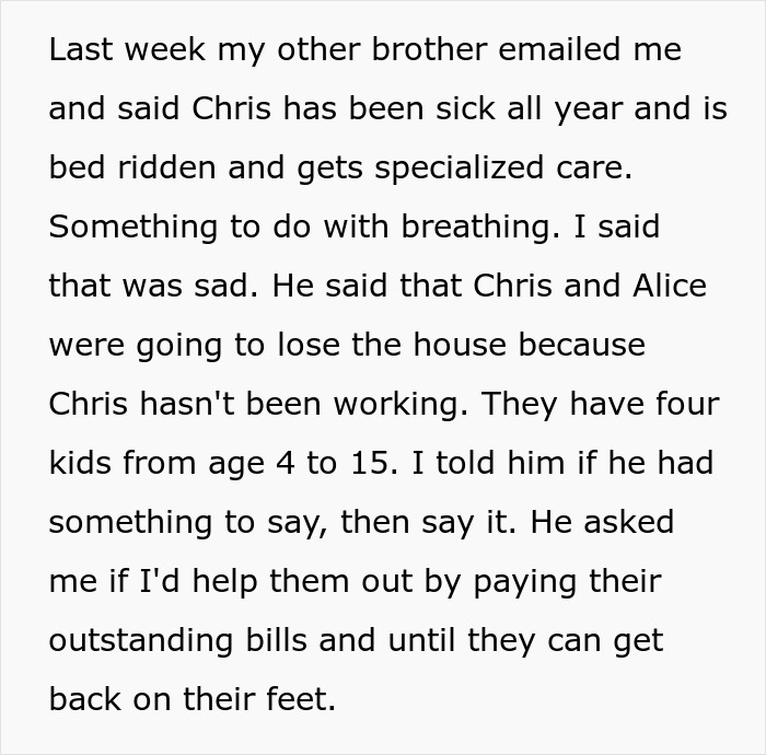 Email about helping brother with finances and debt due to illness and potential house loss, seeking assistance.