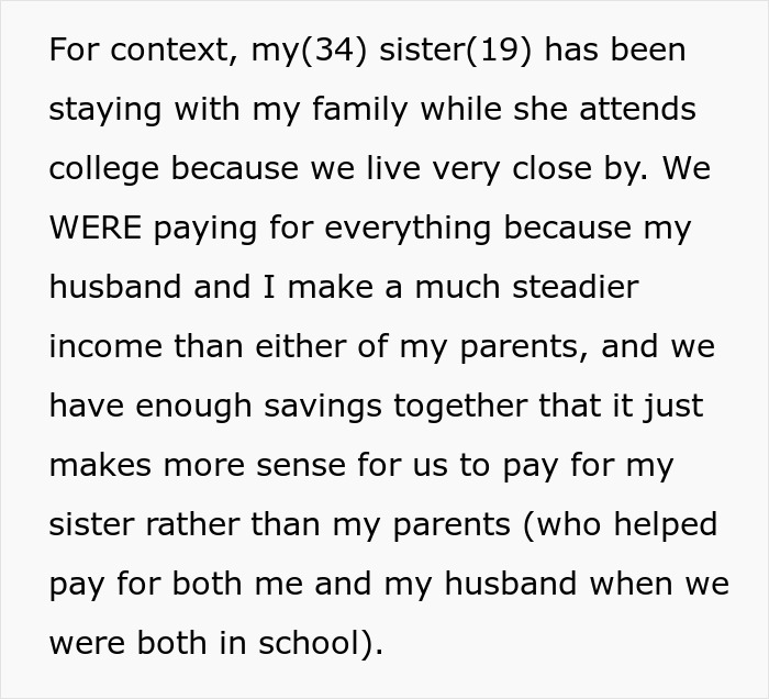 Text about family finances and refusing to pay sister's college expenses, mentions savings and income stability.