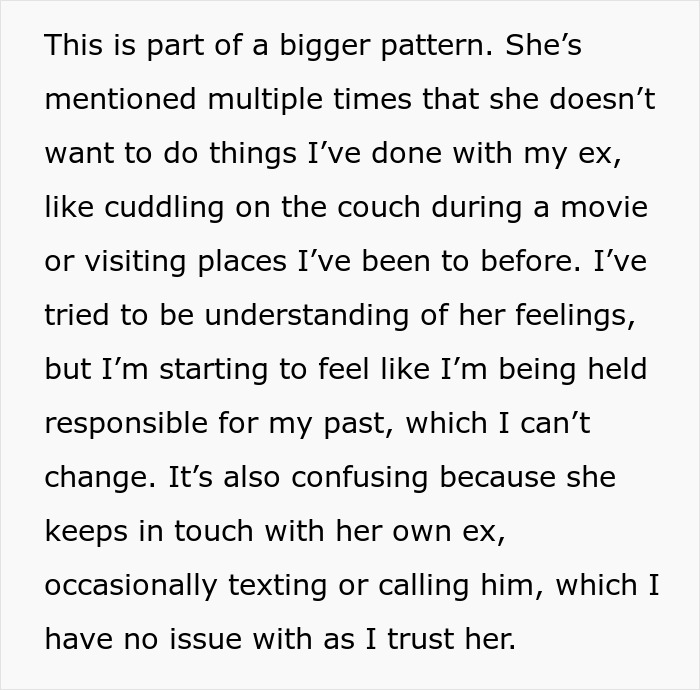 Text discussing relationship issues about a fiancé's demands and feelings regarding an ex.