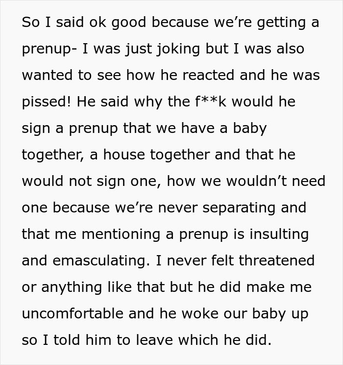 Text about a joke on a prenup related to pregnancy, causing upset with fiancé.