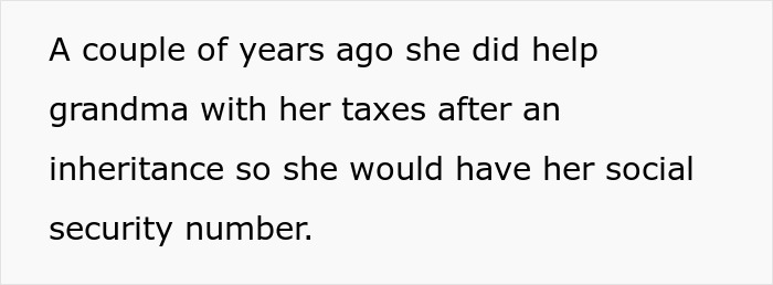 Text about grandma's fraud suspicion over $20,000 debt caused by her daughter using her social security number.