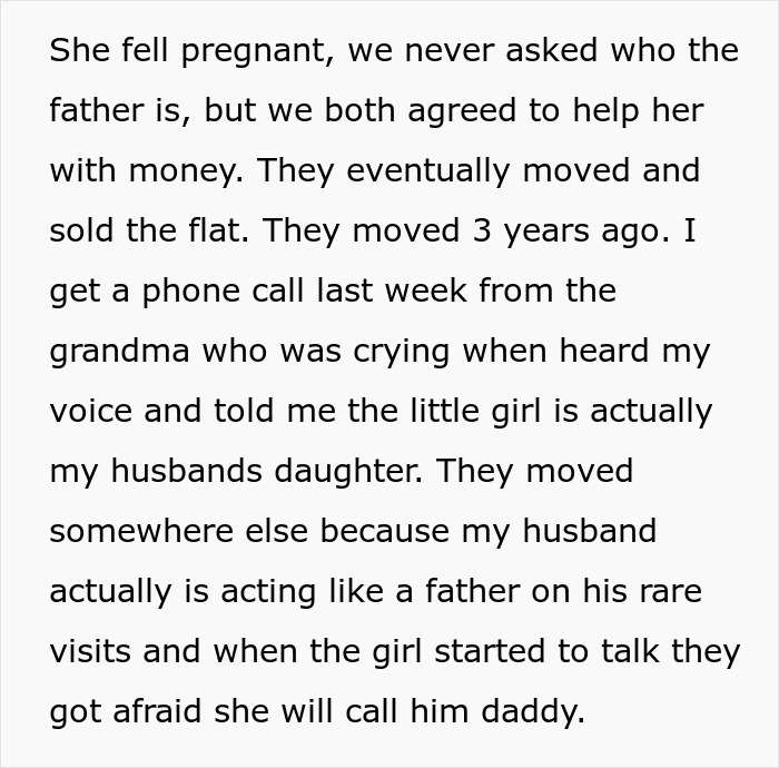 Text revealing neighbour's daughter is actually the husband's child, highlighting a secret family affair.