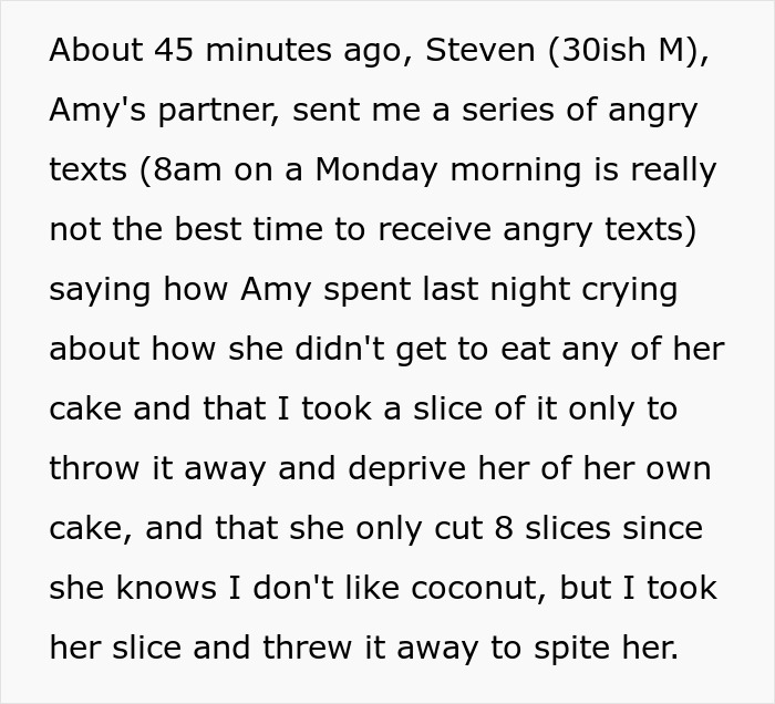 Text screenshot of a message detailing a conflict about cake at a friend's birthday party.