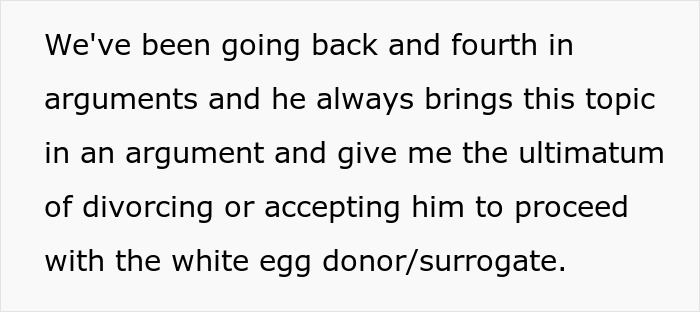 Text excerpt discussing marital disagreements over using a white egg donor/surrogate related to Asian features.