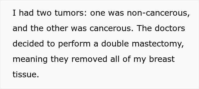 Text discussing double mastectomy after one tumor was cancerous, highlighting a personal health experience.