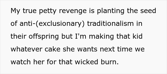 Text about kids\' revenge and traditionalism, mentioning cake as part of a humorous scenario.