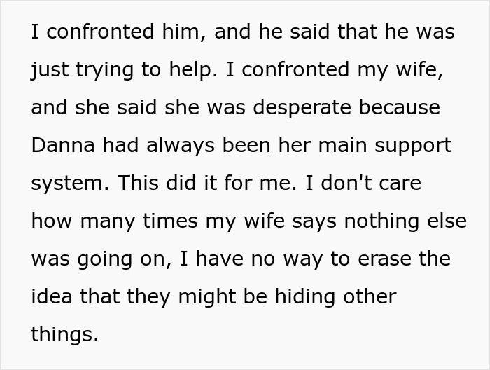 Text discussing wife's desperation, support system, and husband's suspicion of hidden matters after refusing paternity test.