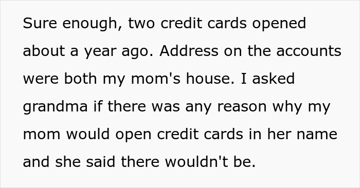 Text discussing fraud involving credit cards and a grandma's discovery of debt linked to her daughter's address.